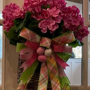 Pink Hydrangea Basket Accent with Plaid Bow